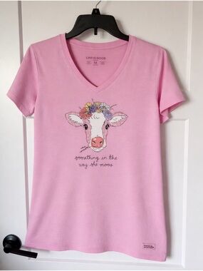 NWT: Life Is Good Pink V-Neck Tee with Floral Crown Cow